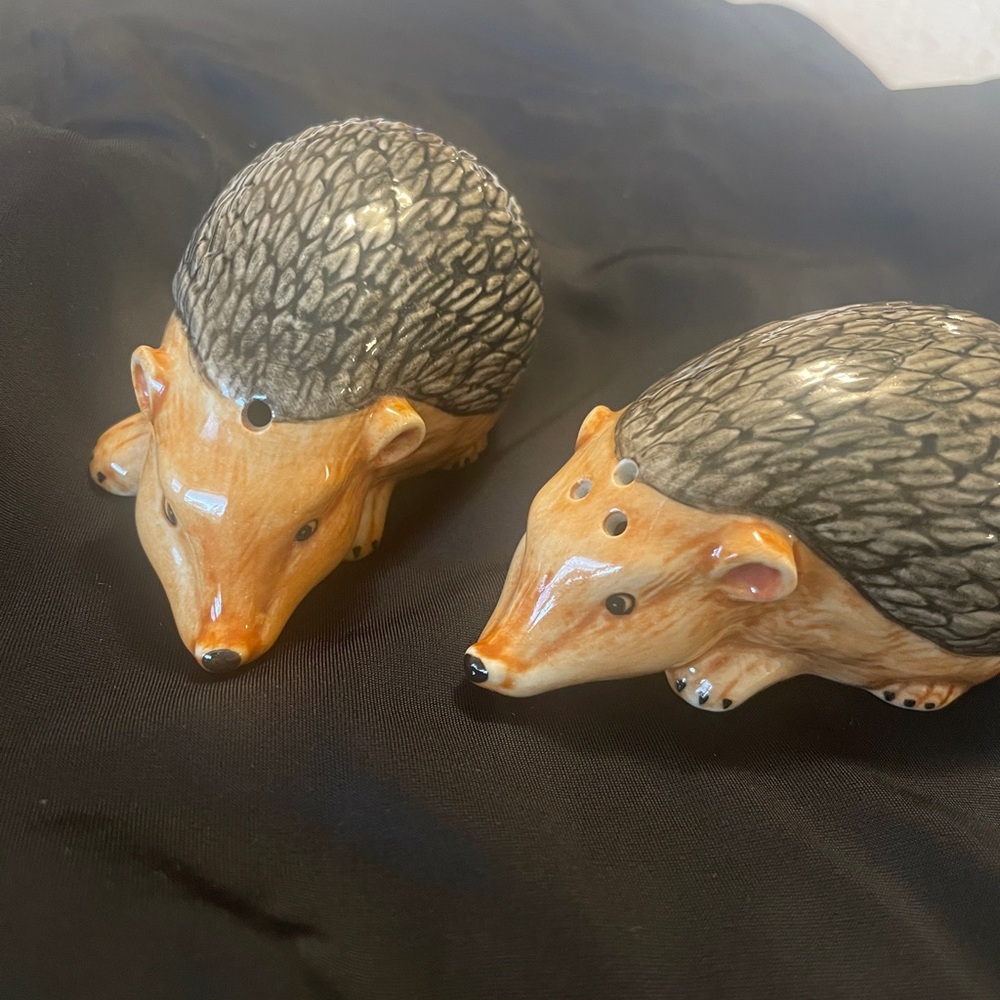 Two hedgehog salt and pepper shakers